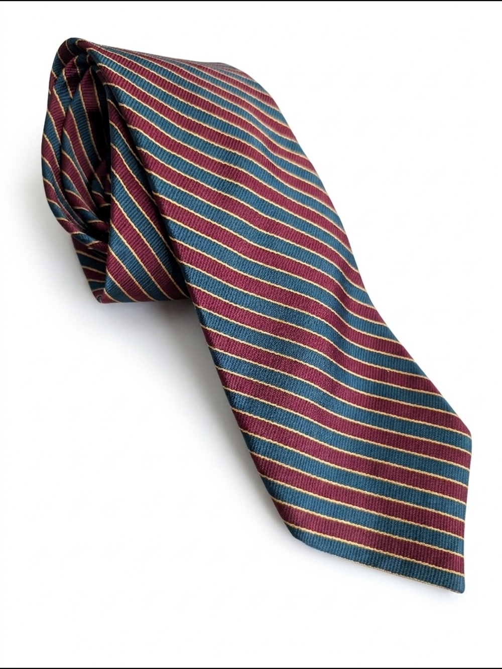 Lands' End 100% Silk Striped Tie Maroon Green Gold Regimental Prep Classic
